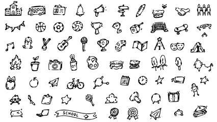 Obraz premium Hand Drawn School Life and Activities Doodle Icon Set, Student Sports and Education Outline Collection