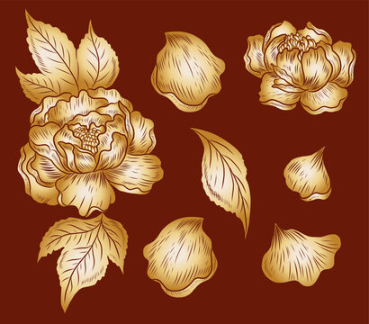 Peony flower vector for tattoo design.Traditional Japanese floral illustration for doodle art and printing on background.Peony vector for sticker and printing on shirt.Element on backdrop.