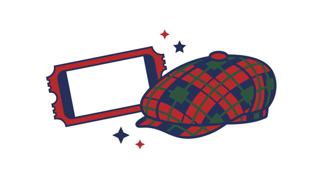 An illustration of a plaid hat next to a smartphone with stars.