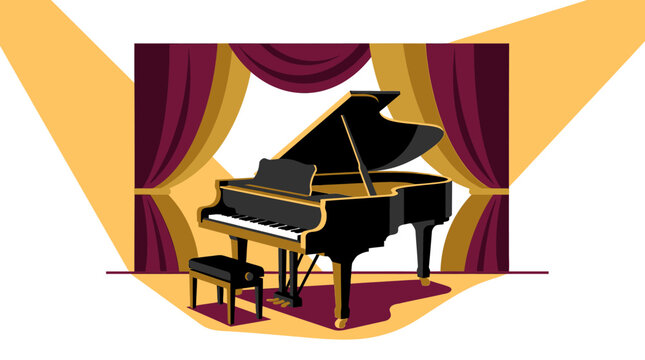 A grand piano sits elegantly on a stage with curtains behind it.