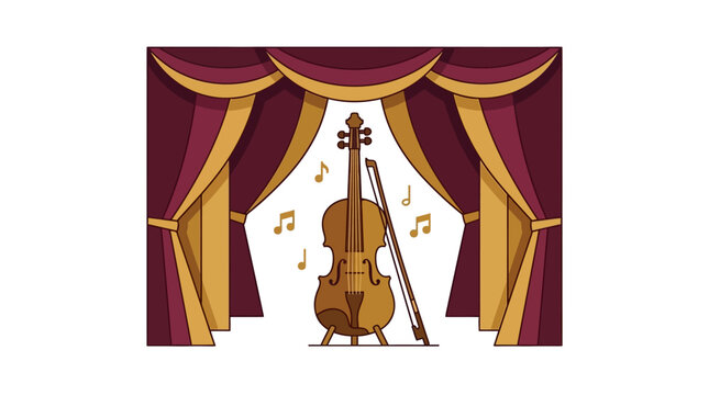 A violin stands on stage with elegant curtains and music notes floating around it.