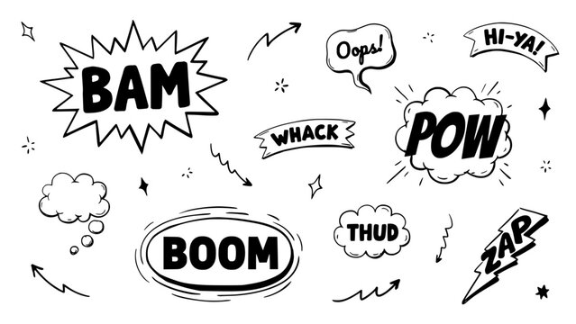 Comic Book Sound Effects with Words Like Bam, Pow, Boom, and Zap in Speech Bubbles Featuring Whack, Thud, Hi-Ya with Oops