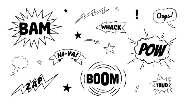 Comic Book Sound Effects and Symbols in Black and White Featuring Bam, Pow, Boom with Zap and Whack Elements for Hi-Ya, Thud