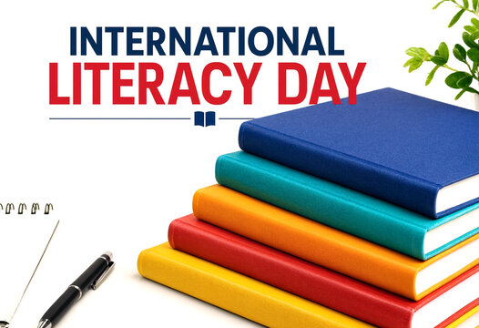 Colorful books stacked with pen and notebook celebrating international literacy day concept