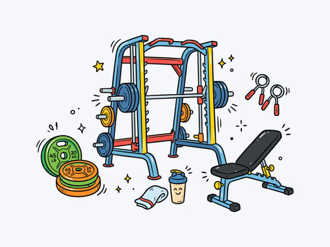 Gym smith machine and weightlifting bench doodle
