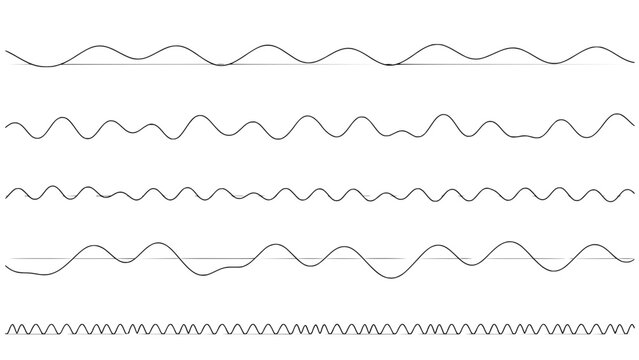 Sine Waves with Varying Frequencies and Amplitudes in a Series of Five Horizontal Lines Featuring Wave, Frequency, Amplitude