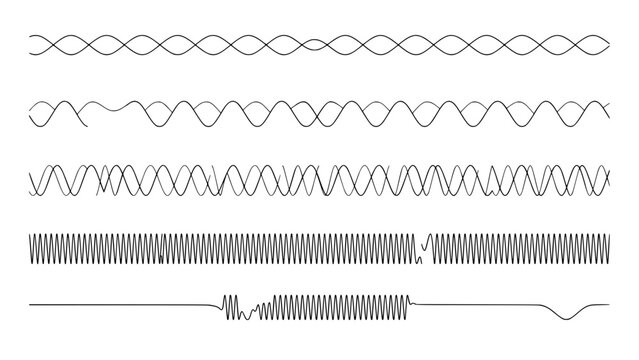 Sine Waves with Varying Frequencies in a Series of Five Horizontal Lines Featuring Wave, Frequency, Line with Pattern