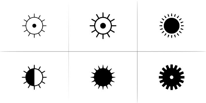 Six Sun Icons in a 2x3 Grid Each with Varying Degrees of Sun Visibility and Shading Featuring Icon, Design, Illustration