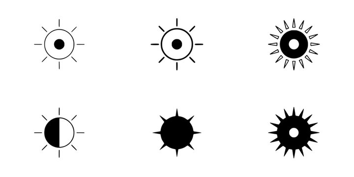Six Sun Icons in a 2x3 Grid Each with Varying Degrees of Sunlight Featuring Icon, Moon, Crescent with Half and Full Elements