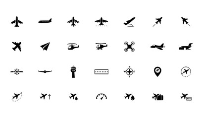 Black Aircraft Icons Set Aviation Airplane Silhouette Vector Collection Isolated on White © Milon