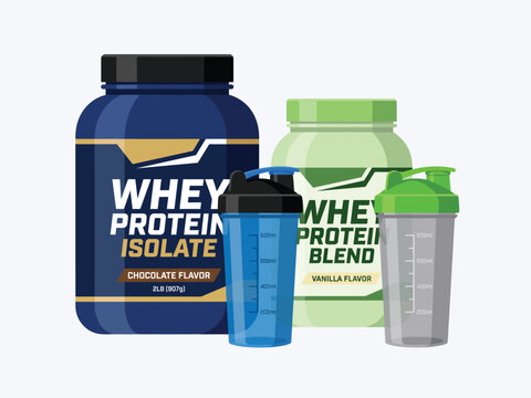 Whey protein isolate supplement jars and shakers