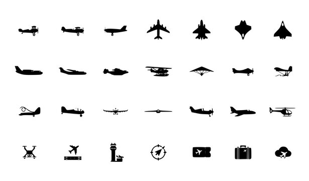 Aircraft Silhouette Icons Collection Black Aviation Plane Vector Set Isolated on White