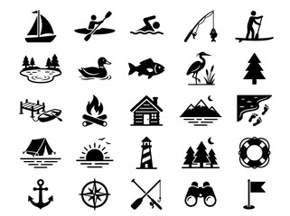 Obraz premium Outdoor Recreation and Leisure Icons: Water Sports, Camping, Nature, and Adventure