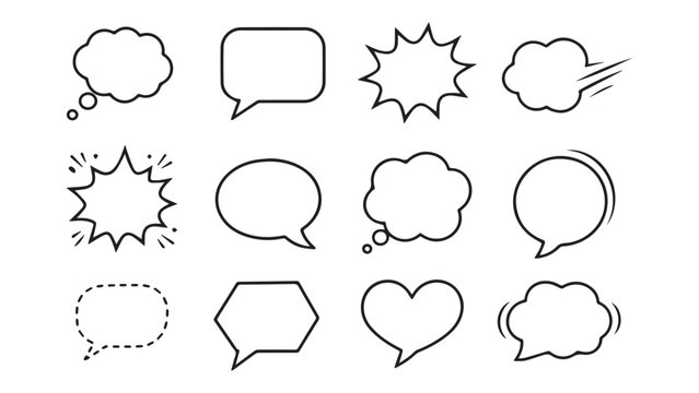 Comic Speech Bubble Icons Set &ndash; Outline Chat, Thought, Dialogue and Explosion Bubble Vector Collection
