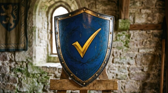 Blue shield with gold check mark on wooden stand in stone room