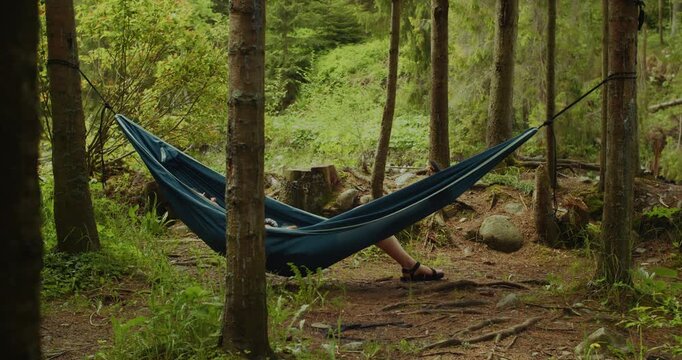 A serene shot of a person unwinding in a blue hammock, suspended between trees in a peaceful forest setting, perfect for themes of relaxation, nature, and wellness.