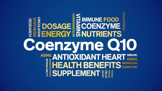 Coenzyme Q10 animated word cloud-CoQ10 text design animation tag kinetic typography seamless loop.