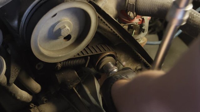 Mechanic tightens an engine belt tensioner with a ratchet wrench in a car bay, useful for auto repair or maintenance topics.