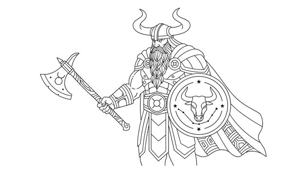 Warrior character adorned in armor holding a large axe and shield with the taurus zodiac sign on a white background for design usage.