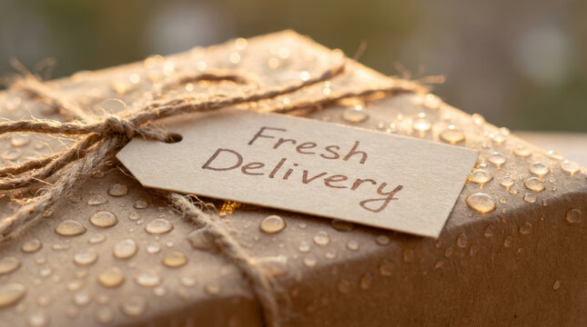 Fresh delivery package wrapped with brown paper and tied with rope showing e commerce retail innovation in shipping and logistics service