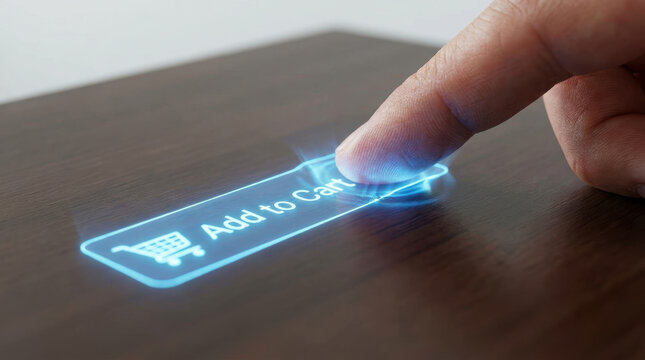 Add to cart button with finger pressing on digital interface showing e commerce retail innovation concept for online shopping convenience