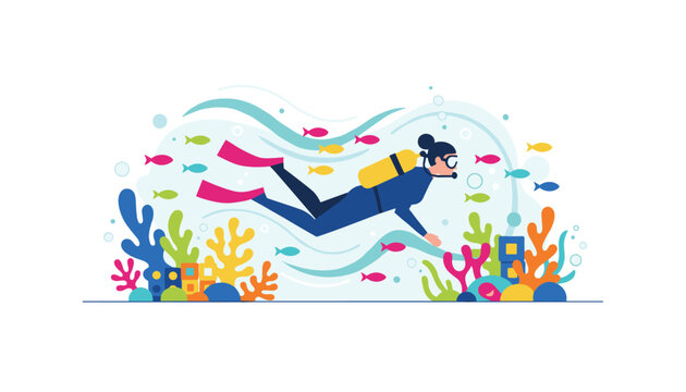 Scuba diver swimming underwater amongst colorful coral reefs and tropical fish surrounded by ocean currents and bubbles for marine life.