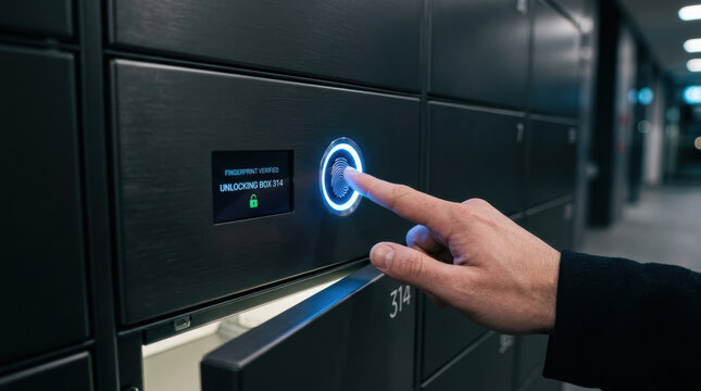 Fingerprint biometric security locker technology access e commerce retail innovation hand digital identification authentication safe protection