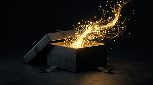 Magic box with glowing golden light and sparkles emerging from it represents innovation and e commerce retail success