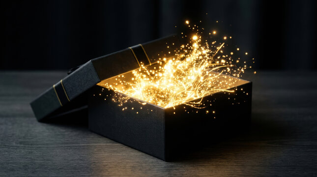 Magical glowing light sparkles emerging from open black gift box symbolizing e commerce retail innovation and surprise delight