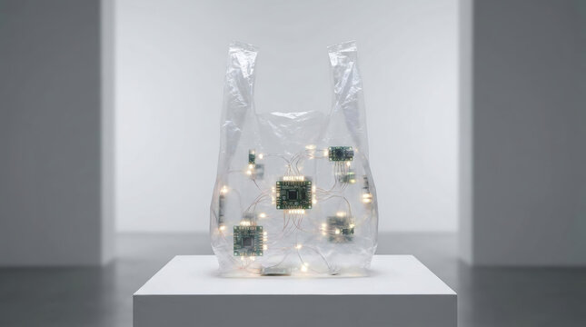 Plastic bag with electronic circuit boards and lights inside on display representing e commerce retail innovation