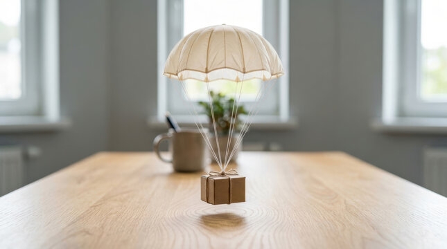 Small parcel with parachute floating above wooden table symbolizes e commerce delivery and retail innovation in modern logistics and shipping
