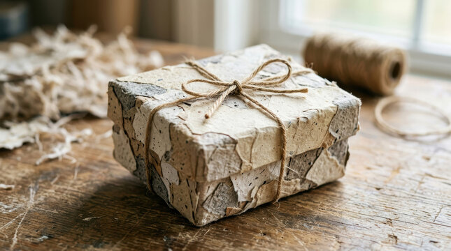 Handmade gift box wrapped with natural paper and tied with twine on wooden table showing e commerce retail innovation concept