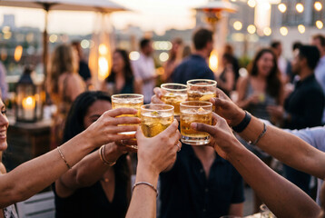 Plakat Group of diverse friends raising glasses for a toast with cocktails at an outdoor rooftop party