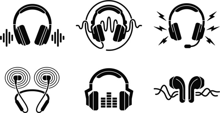Headphones and earphones silhouette icon set including sound waves, musical equalizer bars, gaming headsets, and wireless bluetooth audio gear elements.