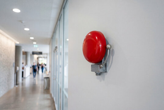 Red industrial fire alarm bell mounted on a clean white wall in a hallway