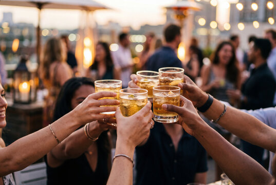Group of diverse friends raising glasses for a toast with cocktails at an outdoor rooftop party