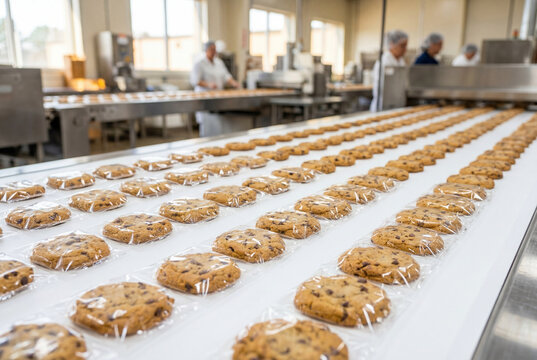 Automated conveyor belt with packaged cookies in food factory