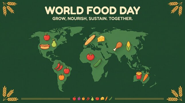 World food day map concept with diverse food items located on world map continents.
