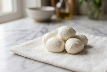 Fototapeta premium Fresh wet mozzarella cheese balls on a white linen napkin
