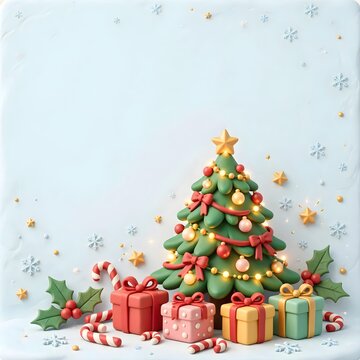 Festive Christmas Tree With Gifts, Candy Canes and Lights on Snowy Holiday Background