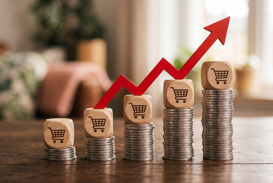 Stacks of silver coins with wooden shopping cart cubes and a red arrow