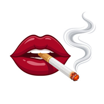 Glamorous red lips smoking cigarette with wisps of smoke, isolated on white background.