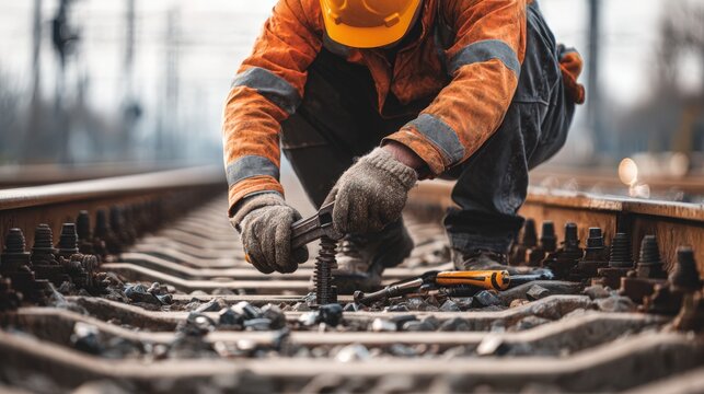 Railway worker in high-visibility safety gear repairing train tracks with tools, close-up of hands working on rail ties and infrastructure.