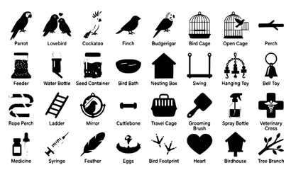 Modern colorful bird care icon collection with parrots cages feeders toys and aviary accessories isolated on white background © Shahinur