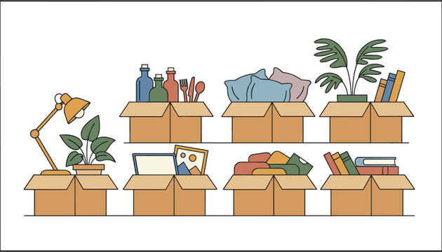 Stacked cardboard boxes filled with household items and books for a moving day process to a new home or office space.