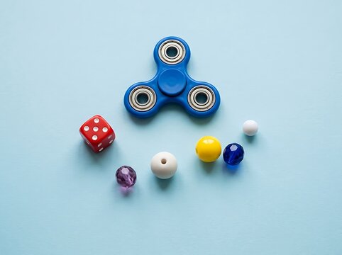 Blue fidget spinner with beads and dice on light blue background