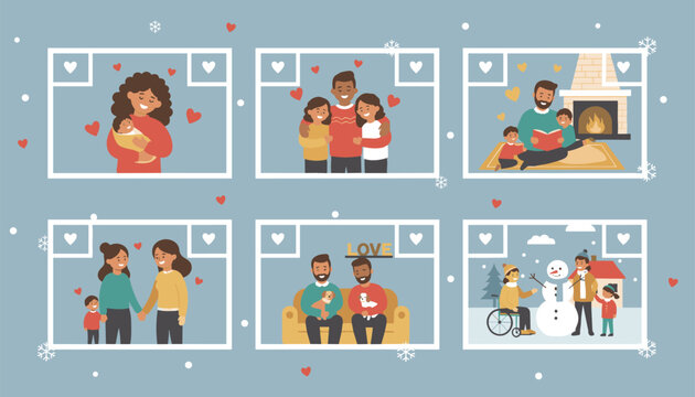 Set of family photos showing people in various festive winter scenes like decorating a tree, playing in snow, and reading.