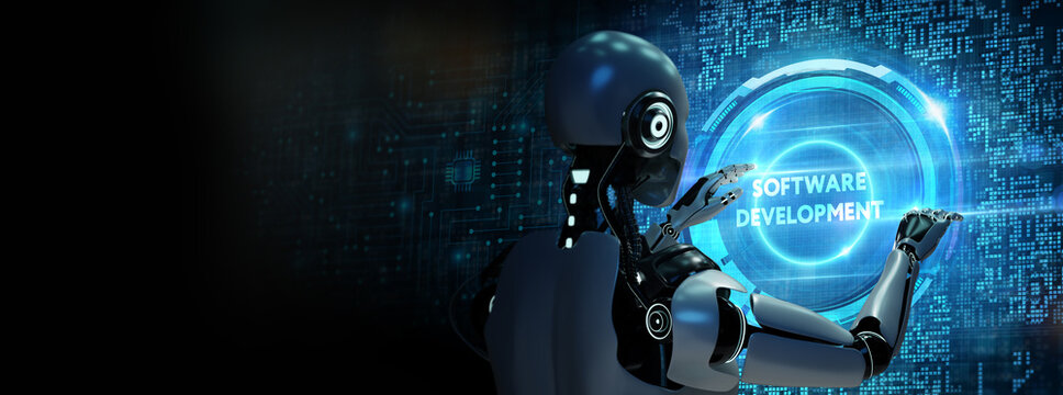 Inscription Software Development on the virtual display. Business, modern technology, internet and networking concept. 3d illustration