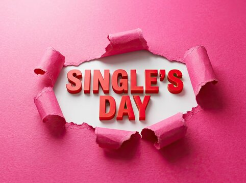 Ripped Pink Paper Revealing Red "Single's Day" Text, Celebration Concept