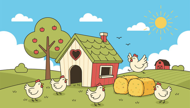 Group of chickens playing in a sunny farmyard near a cozy red coop, surrounded by hay bales and apple trees in the countryside.